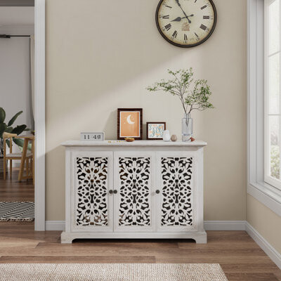 Ophelia & Co. Antique Sideboard Storage Cabinet with 3 Carved Doors, Vintage Accent for Kitchen, Dining, and Living Areas