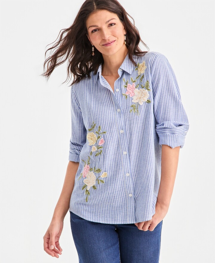 Style&Co. Style & Co Women's Embroidered Stripe Perfect Shirt, Macy's Exclusive