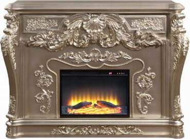 Benjara Esen LED Electric Fireplace Scrolled Classical Silver Wood 66 Inch