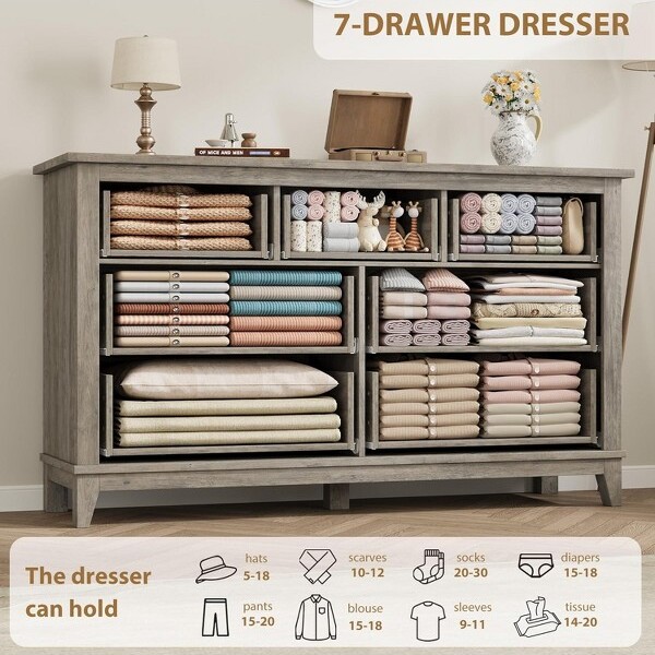 CuisinSmart 54Inch7-DrawerFreestandingDresserforBedroomLivingRoomWoodenStorageChestforEntrywayClosetandHomeOrganizationGrey