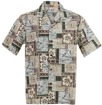 WinnieFashion [Aloha Tower] Hawaiian Shirt (100% Cotton) Aloha Shirt in Brown (L)