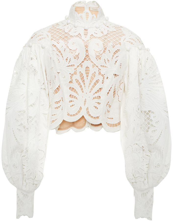 Zimmermann Wavelength Cropped Gathered Linen Guipure Lace Blouse ...