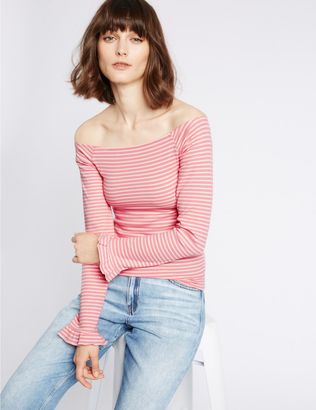 Marks and Spencer Cotton Blend Striped Long Sleeve Bardot Top