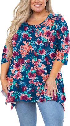 Auslook Women's Plus Size Tunic Tops to Wear with Leggings 3/4 Sleeve  Floral White Large Blouses Crewneck Clothes Pleated Clothing Flowy Loose  Fit Babydoll Summer Fall Winter Maternity Shirts Wear with Leggings 