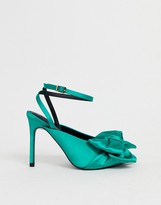 Thumbnail for your product : ASOS DESIGN Wide Fit Poetry pointed high heel mules with bow in green satin