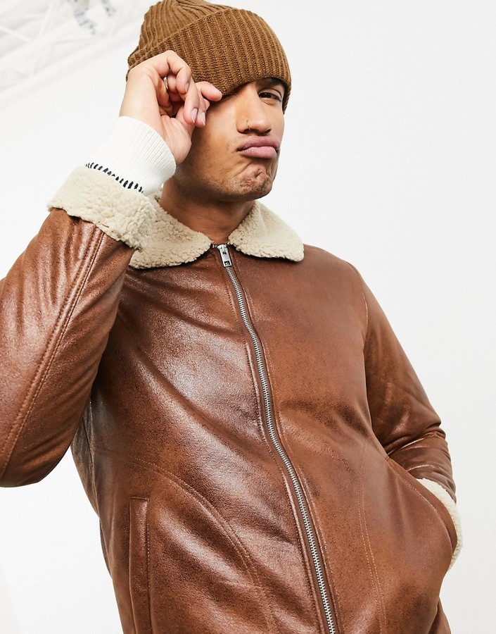 Jack and Jones Originals shearling aviator in tan - ShopStyle Outerwear
