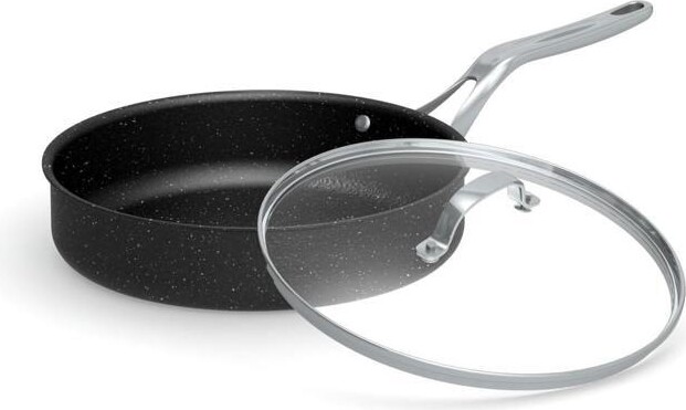 VINIUSIKI THE ROCK by Starfrit 11' Deep Fry Pan with Glass Lid and Stainless Steel Handles, Black