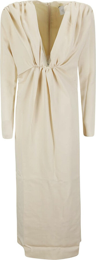 AZ Factory Beige Midi Dress With Deep V -Neck