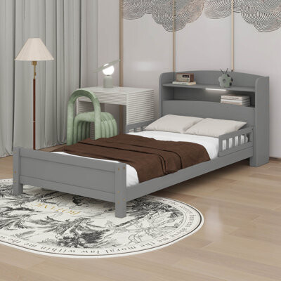 Wood Bed Frame With 2 Tiers Storage Bookcase, LED Motion Sensor Light