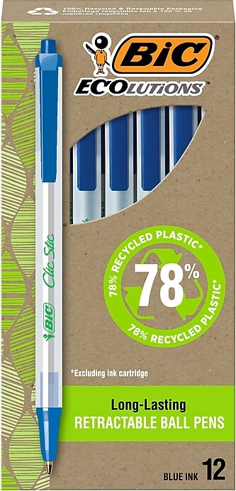 BIC Ecolutions Clic Stic Retractable Ballpoint Pens, Medium Point, Blue Ink, Dozen (CSEM11BE)
