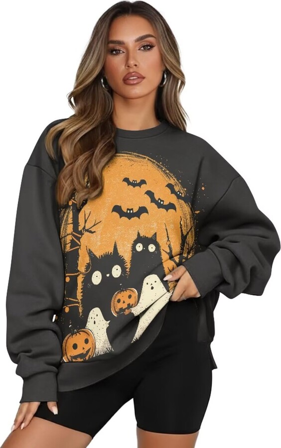 Tomeusey Halloween Oversized Sweatshirt Womens Black Cat Ghost Drop Shoulder Pocket Pullover Long Sleeve Casual Loose Lounge Wear for Home Yoga Practice XL