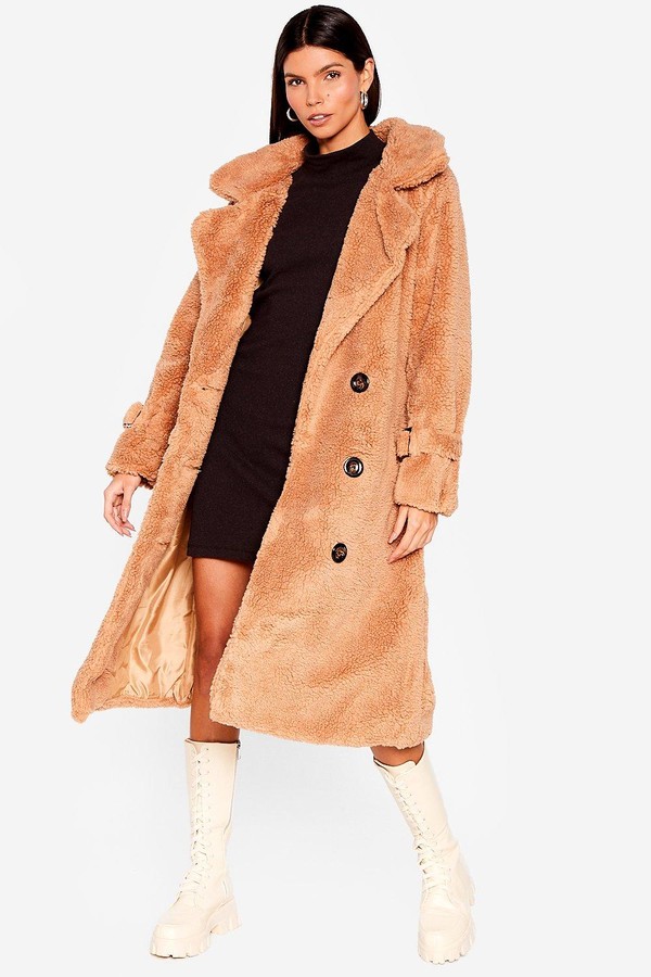 camel longline teddy coat