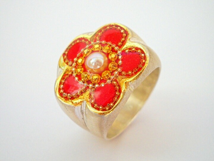 Etsy Boho Ring Silver Statement Chunky Flower Unique Large Enamel Pearl Red Wide