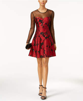 GUESS Mesh & Floral-Print Fit & Flare Dress
