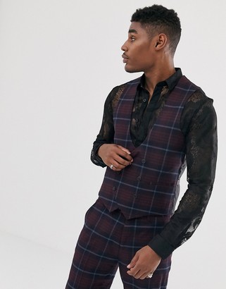 Devils Advocate slim fit check curved waistcoat