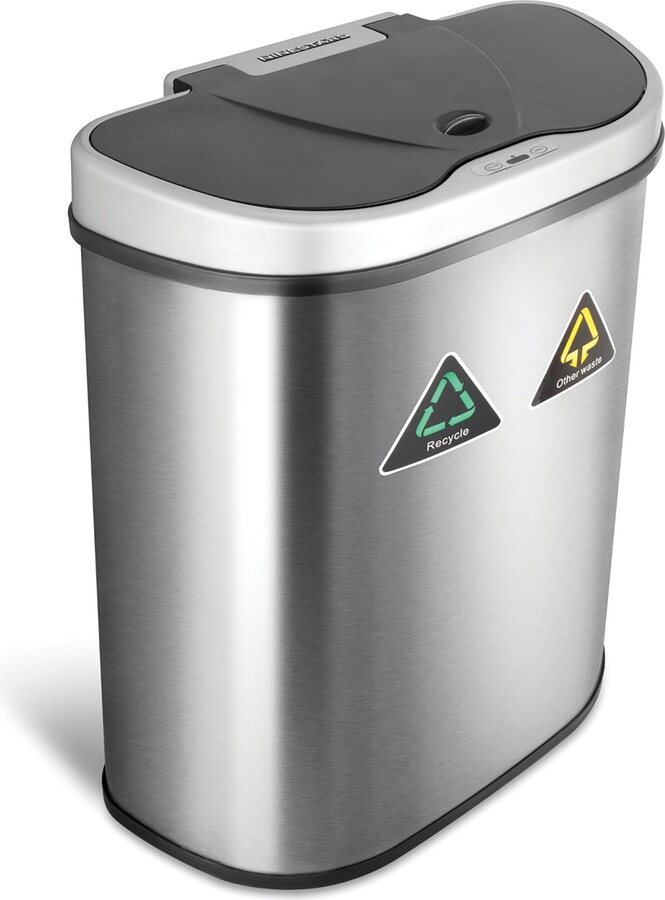 NineStars Nine Stars Dual Compartment Automatic Trash Can, 18 Gallon Stainless Steel, Motion Sensor Hands-Free Soft-Close Lid Garbage Recycle Bin, Silver
