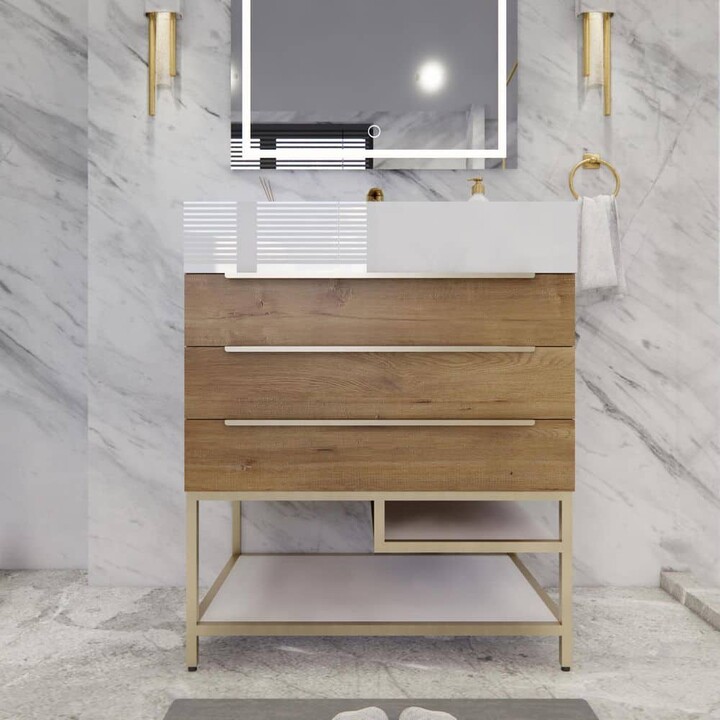 BV Better Vanity Bethany 30 in. W x 20 in. D x 36 in. H Single Sink Freestanding Bath Vanity in Oak with White Acrylic Top