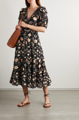 Ulla Johnson Irvette Ruffled Floral-print Cotton-blend Midi Dress - Black