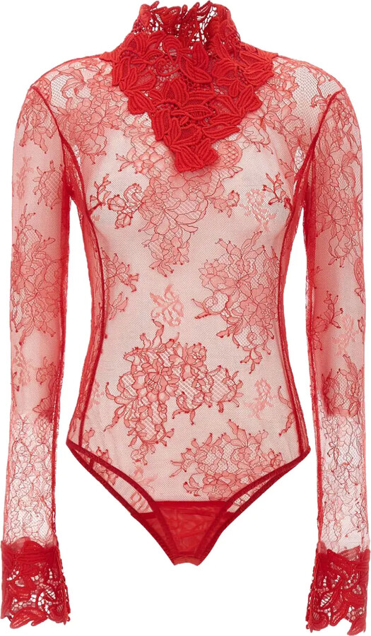 Blumarine Floral-Lace High-Neck Bodysuit