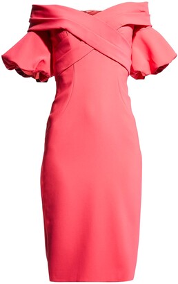 Jovani Off-Shoulder Puff-Sleeve Crepe Dress