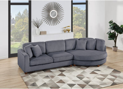 Contemporary 2Pc Sectional Set XL Plush Corduroy Fabric LAF Sofa RAF Round Chaise W Pillows Living Room Couch