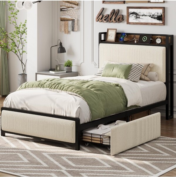 EcoSummer TwinUpholsteredPlatformBedFramewithStorageHeadboard&ChargingStationCorduroyBedwith2RollingDrawersNoBoxSpringNeededWhite
