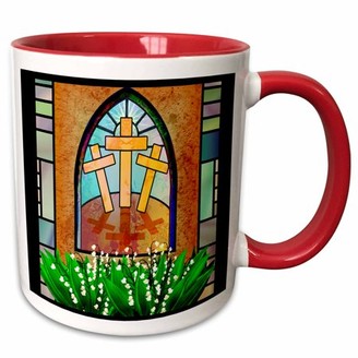3dRose A colorful Stained glass window of the cross of Jesus at Easter - Two Tone Red Mug, 11-ounce