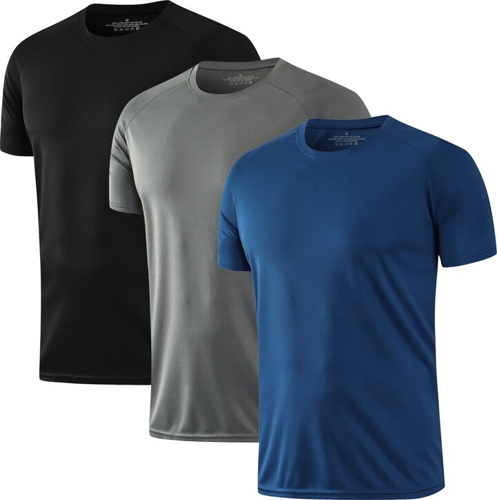 HOPLYNN 3 Pack Running Shirts Men Sport Tops Dry Fit Gym Wicking Athletic T  Shirts Breathable Cool Workout Shirts Black Grey Blue L - ShopStyle