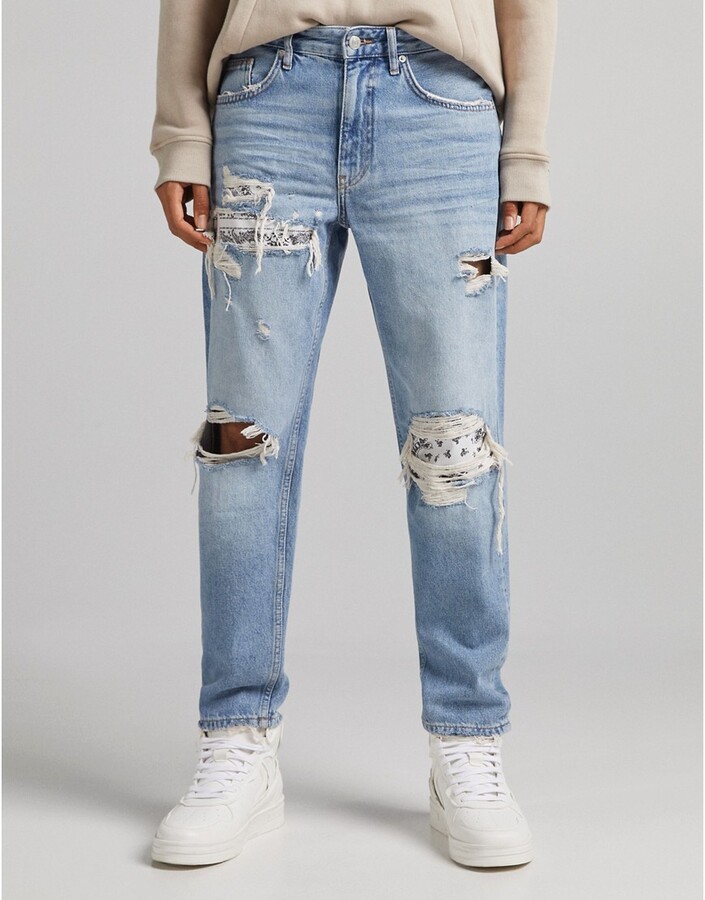 Bershka bandana 90's jeans with rips in blue - ShopStyle