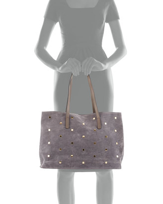 Neiman Marcus Studded Faux-Suede Tote Bag, Gray