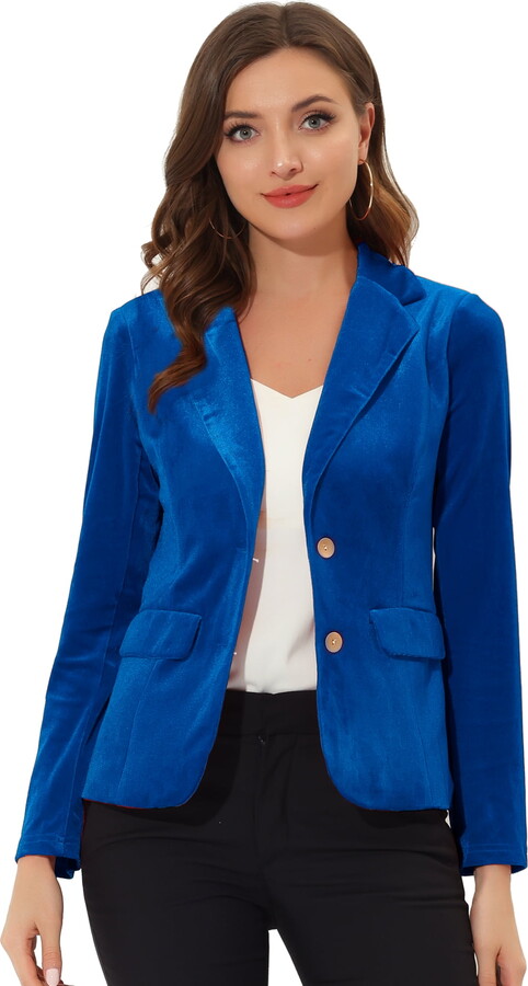 DARING DIVA Women’s Notched Lapel Button Front Office Velvet Blazer S Royal Blue