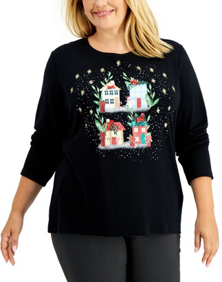 Karen Scott Plus Size Holiday Village Graphic Top, Created for Macy's