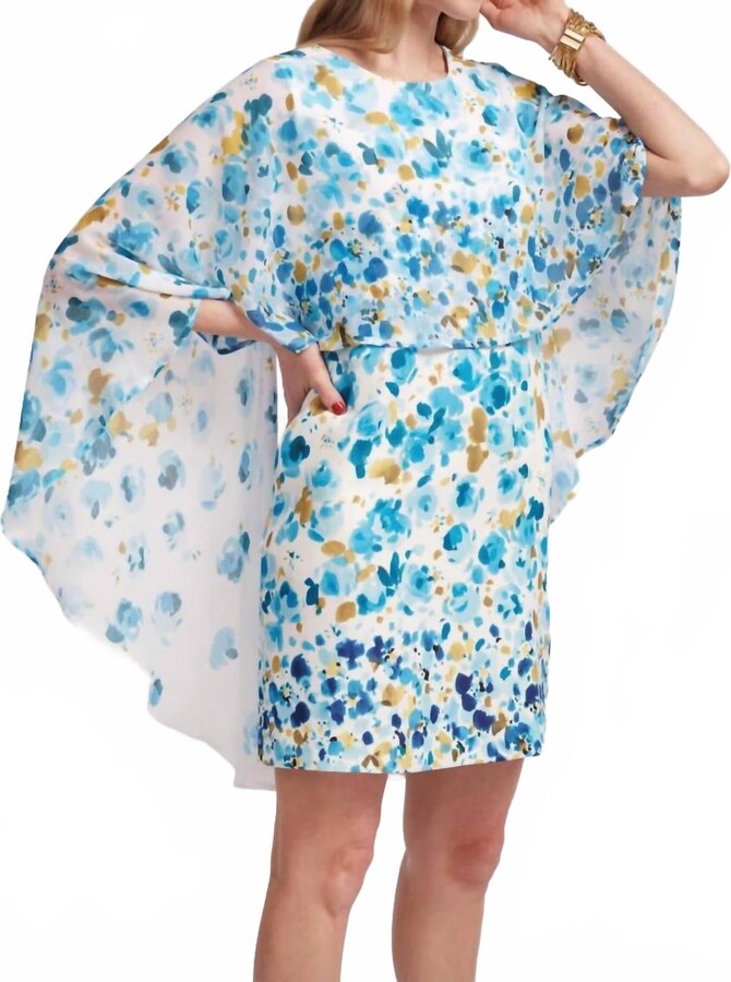 Frances Valentine Mini Cape Mini Dress In Pocket Full Of Posies Oyster Blue