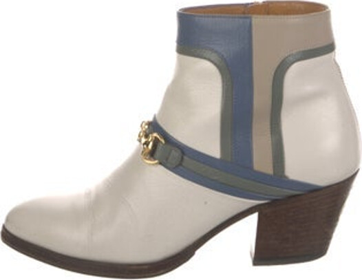 Gucci Leather Ankle Boots Neutrals Horsebit Accent & Interlocking G Logo Round-Toes Wrap-Around Straps & Exposed Zip Closure at Sides
