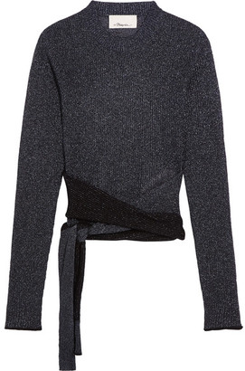 3.1 Phillip Lim Tie-front Metallic Ribbed-knit Sweater - Storm blue