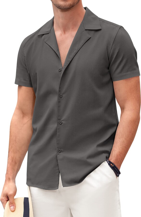 COOFANDY Mens Linen Shirt Button Down Short Sleeve Shirt Cuban Summer