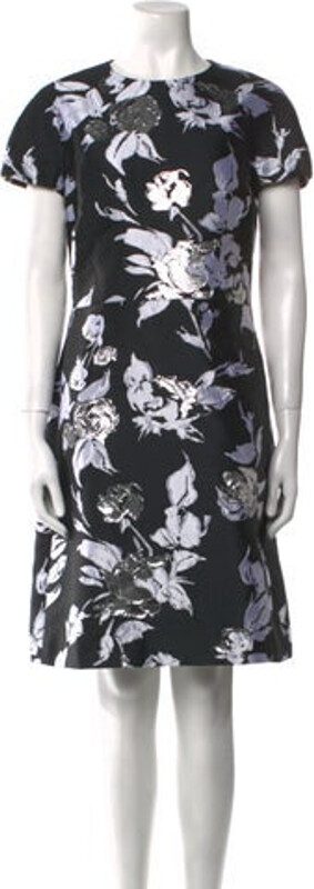 Michael Kors Collection A-Line Dress Black & Metallic Floral Print Short Sleeve with Crew Neck Concealed Zip Closure at Back