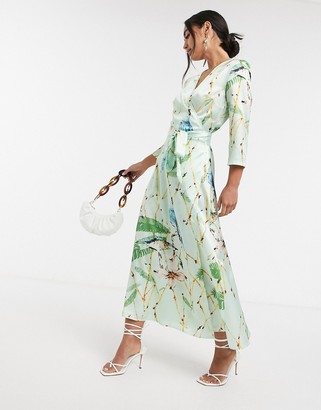 mint green bird print wrap dress
