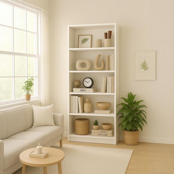 JVNOXK29-inchFive-TierBookcaseStorageCabinetwith5OpenShelvesandAnti-TipSafetyKitSuitableforBedroomsandLivingRoomsWhite