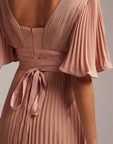 Thumbnail for your product : ASOS DESIGN Bridesmaid pleated flutter sleeve maxi dress with satin wrap waist in mocha