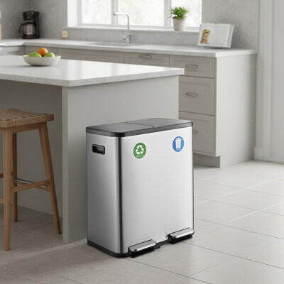 Simpli-Magic 16 Gallon Dual Compartment Step Trash Can (2 x 30L) with Recycling Bin, Slow-Close Lid, Odor Control, Brushed Stainless Steel