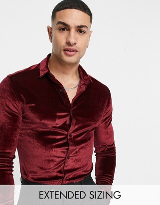 ASOS DESIGN skinny velvet shirt in burgundy - ShopStyle