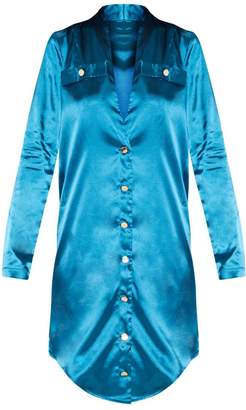 PrettyLittleThing Teal Satin Button Detail Shirt Dress