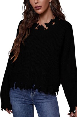 EUOVMY Women's Solid V Neck Ripped Hem Long Sleeve Frayed Sweater Knitted  Pullover Crop Top Black Medium - ShopStyle