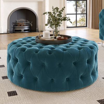 Zermeno 42" Wide Velvet Tufted Round Cocktail Ottoman ( Fully Assembled ) with Wheels