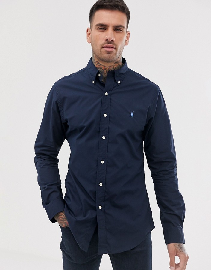 Polo Ralph Lauren player logo slim fit poplin shirt button-down in navy -  ShopStyle