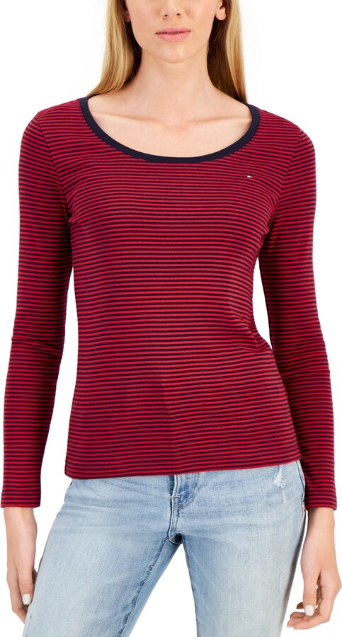 Tommy Hilfiger Women's Baby-Stripe Scoop-Neck Long-Sleeve Top - Chili Pepper/  Sky Captain - ShopStyle