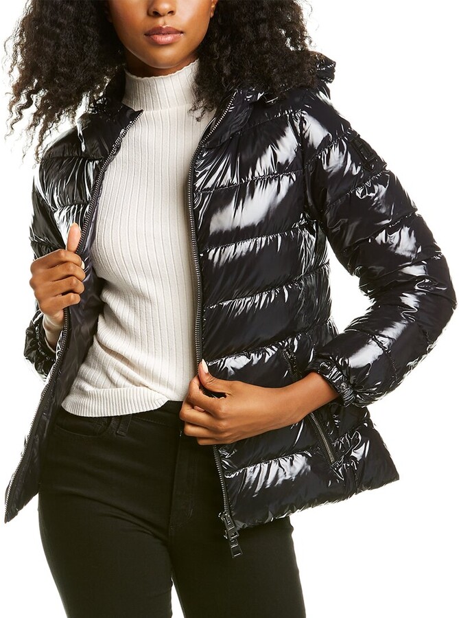 cameo rose black patent faux fur trim puffer jacket