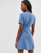 Thumbnail for your product : Asos Tall ASOS DESIGN Tall denim tea dress with mock horn buttons in midwash blue