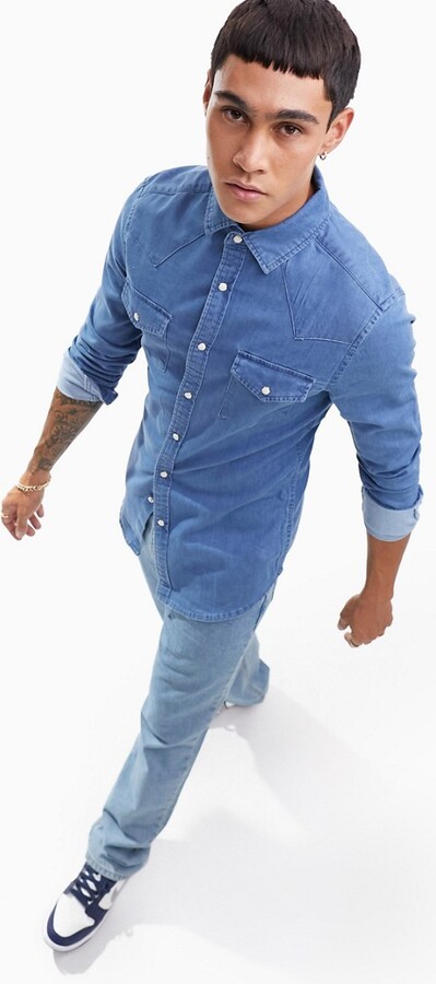 Winwinus Mens Ethnic Style Floral Embroidery Long-Sleeve Square Collar Denim Shirts